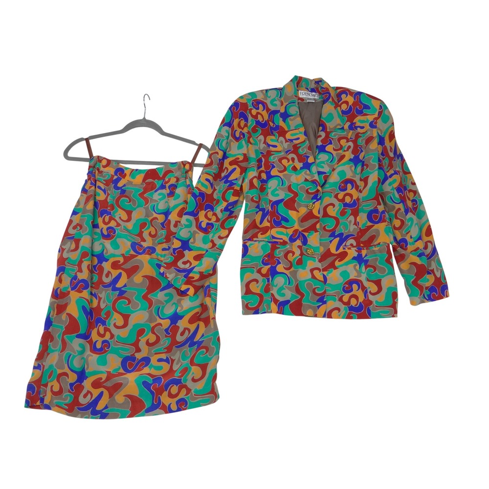 Frenchic Vintage Silk Abstract Swirl Multicolor Top & Midi Skirt Womens Medium